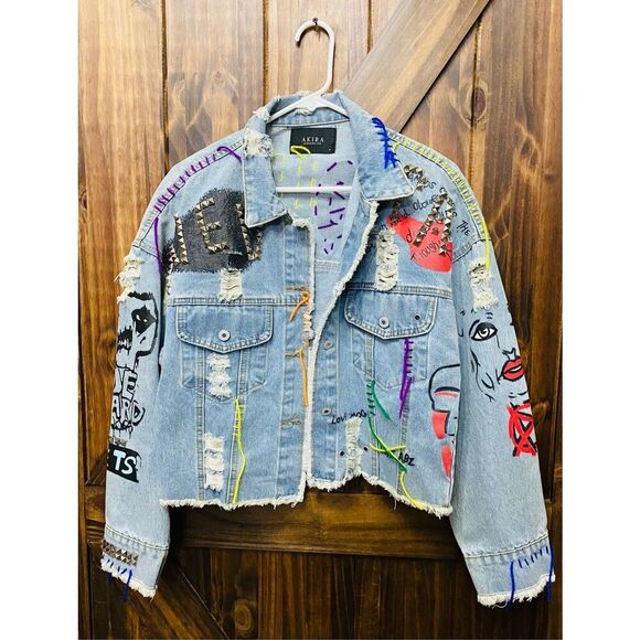 Akira Studded Yarn Appliqué Denim Jean Jacket Sz M - Picture 1 of 9